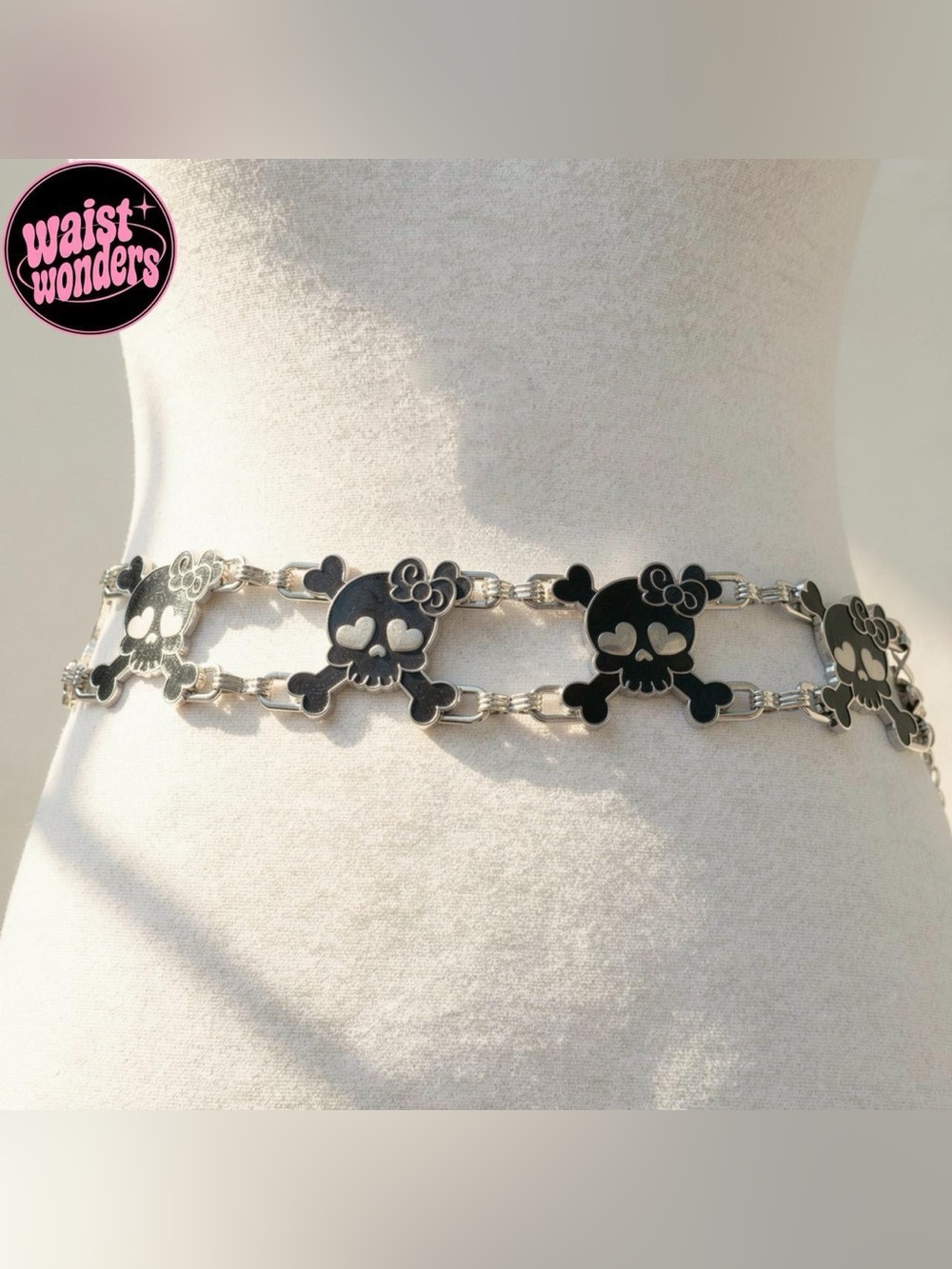 Y2K 2000s style Black and silver skull waist chain belt with hearts